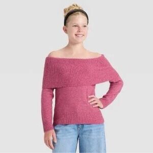 art class Off-Shoulder Fold-Over Ribbed Sweater in Rose Pink
